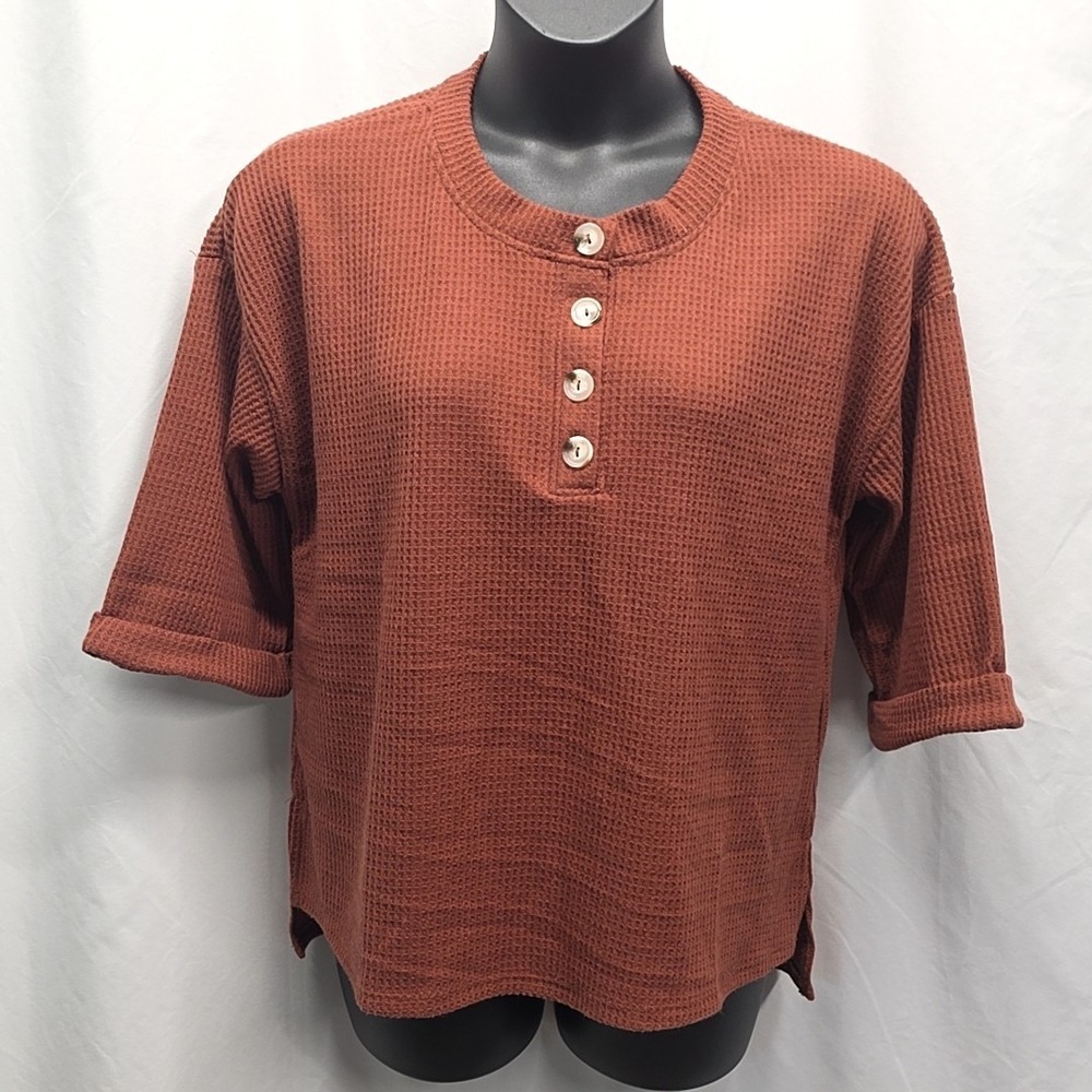 NWT‎ Andrée by Unit Rust Waffle Knit Henley Top Short Sleeve sz L Cozy Boho